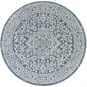 Photo of 9' Teal Blue And Gray Round Medallion Indoor Outdoor Area Rug