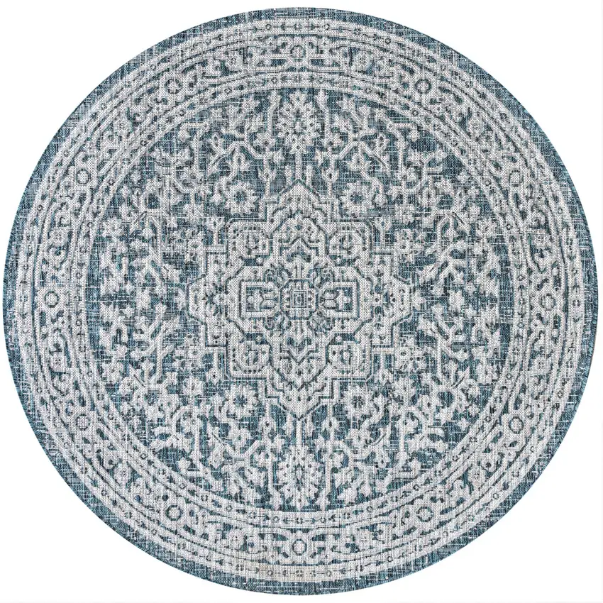 9' Teal Blue And Gray Round Medallion Indoor Outdoor Area Rug Photo 1
