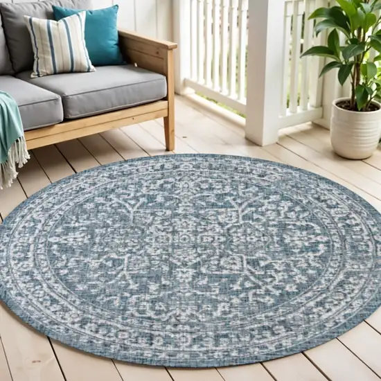6' Teal Blue And Gray Round Medallion Indoor Outdoor Area Rug Photo 1