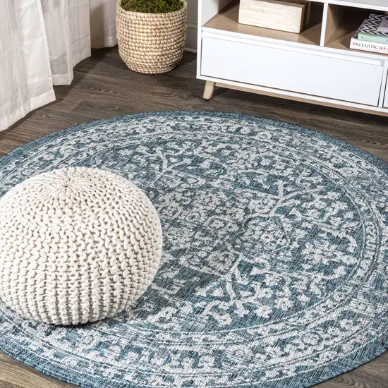 6' Teal Blue And Gray Round Medallion Indoor Outdoor Area Rug Photo 4