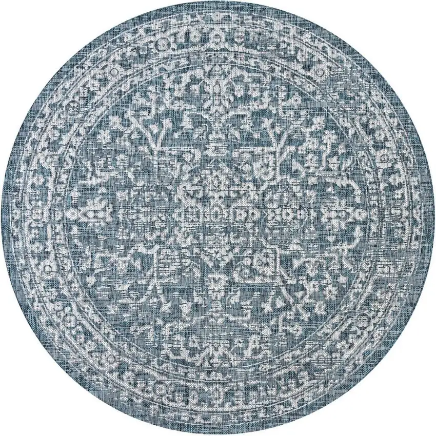 6' Teal Blue And Gray Round Medallion Indoor Outdoor Area Rug Photo 3