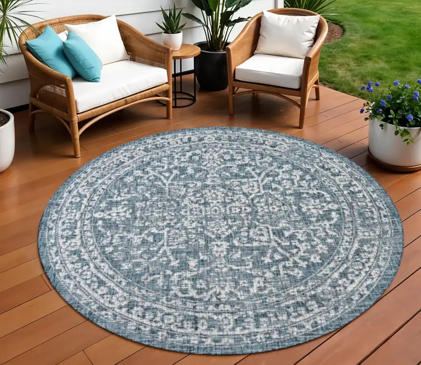 9' Teal Blue And Gray Round Medallion Indoor Outdoor Area Rug Photo 1