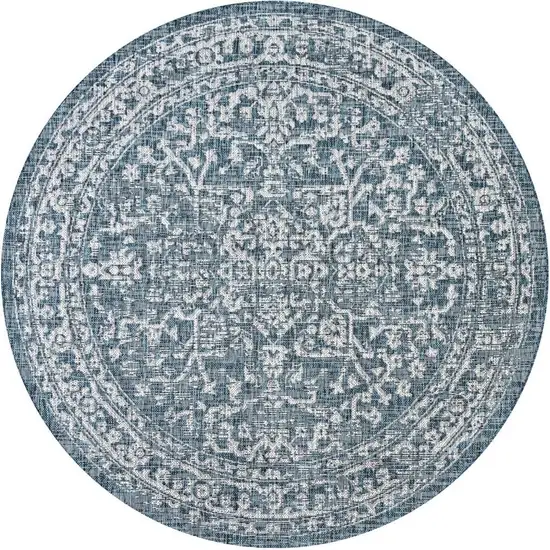 9' Teal Blue And Gray Round Medallion Indoor Outdoor Area Rug Photo 3