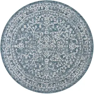 Photo of 9' Teal Blue And Gray Round Medallion Indoor Outdoor Area Rug