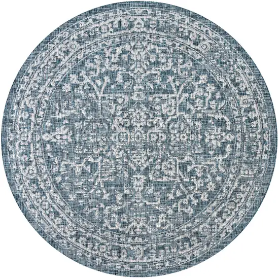 9' Teal Blue And Gray Round Medallion Indoor Outdoor Area Rug Photo 1