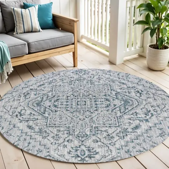 6' Teal Blue And Gray Round Medallion Indoor Outdoor Area Rug Photo 1