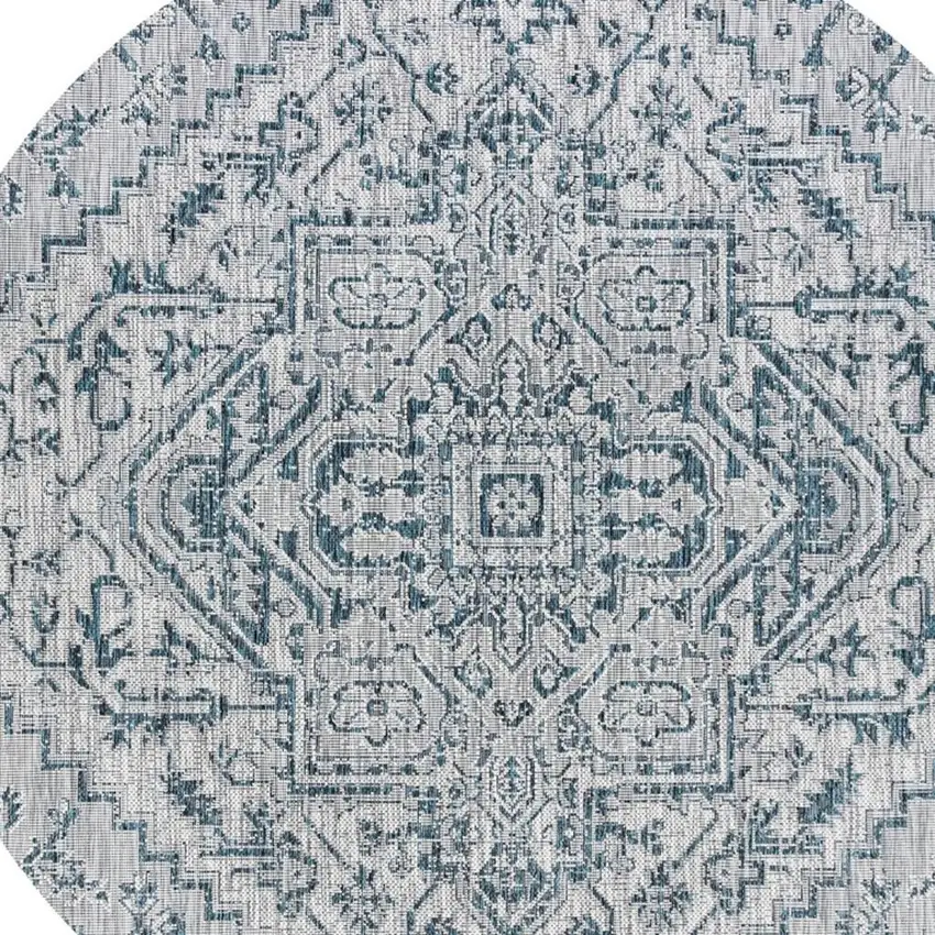 6' Teal Blue And Gray Round Medallion Indoor Outdoor Area Rug Photo 2