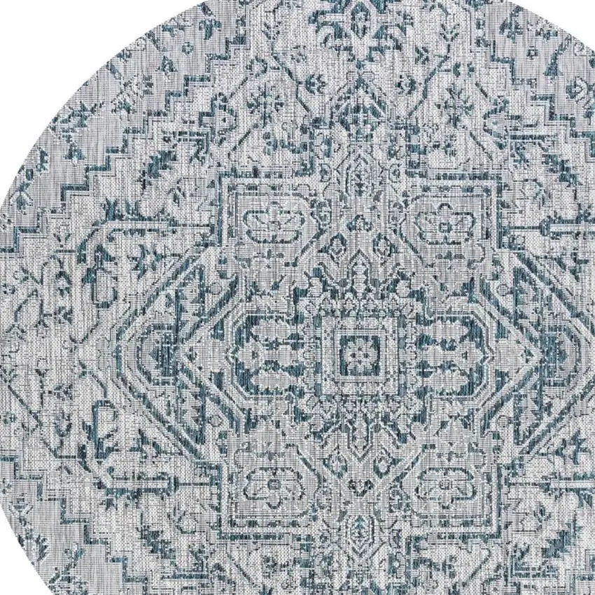 8' Teal Blue And Gray Round Medallion Indoor Outdoor Area Rug Photo 2