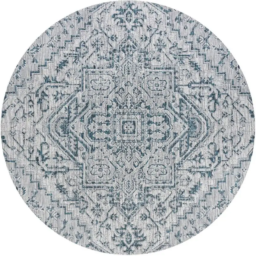 8' Teal Blue And Gray Round Medallion Indoor Outdoor Area Rug Photo 3
