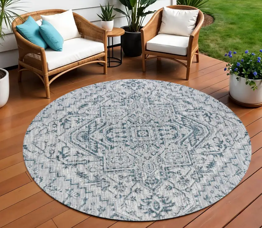 8' Teal Blue And Gray Round Medallion Indoor Outdoor Area Rug Photo 1