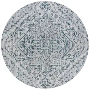 Photo of 9' Teal Blue And Gray Round Medallion Indoor Outdoor Area Rug