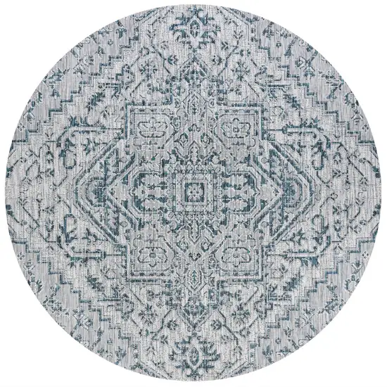 9' Teal Blue And Gray Round Medallion Indoor Outdoor Area Rug Photo 1