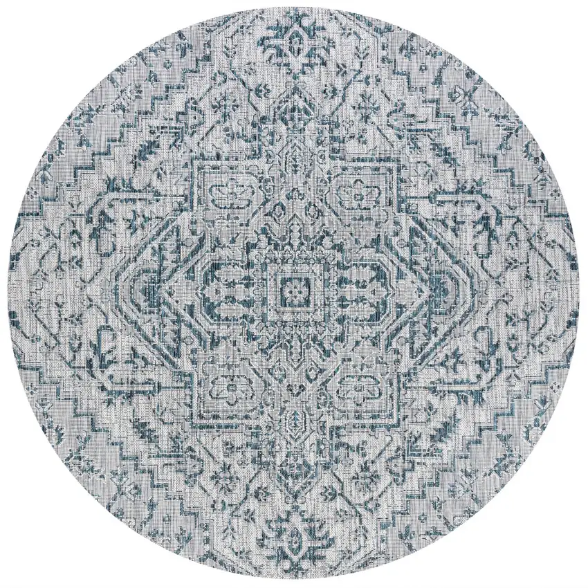 9' Teal Blue And Gray Round Medallion Indoor Outdoor Area Rug Photo 1