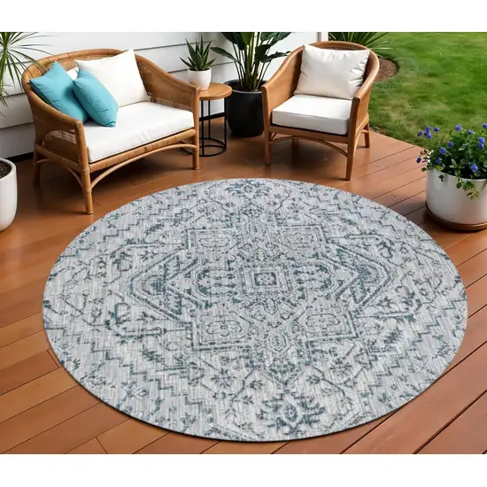 9' Teal Blue And Gray Round Medallion Indoor Outdoor Area Rug Photo 1