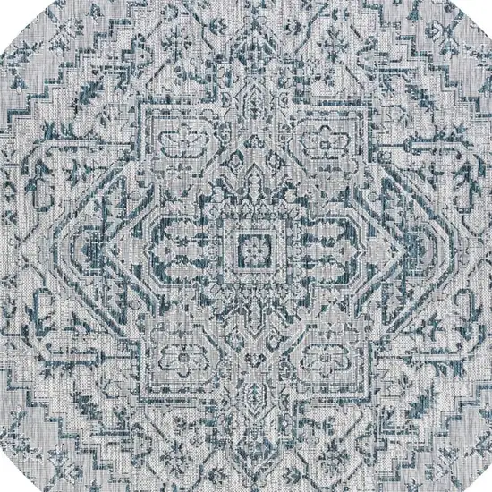 9' Teal Blue And Gray Round Medallion Indoor Outdoor Area Rug Photo 2