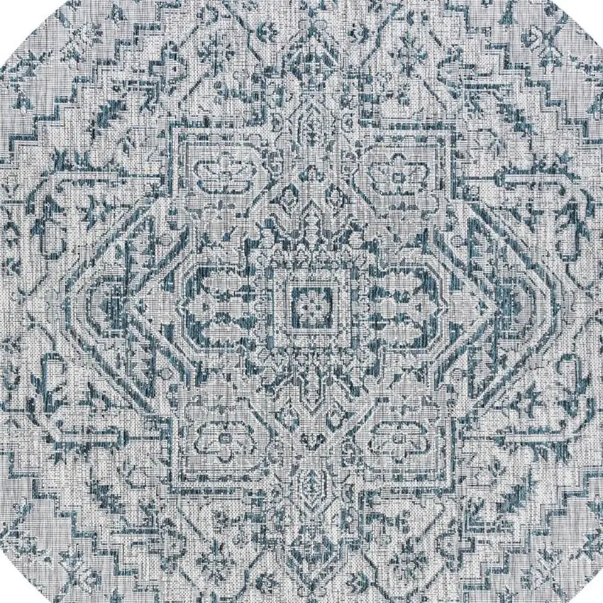 9' Teal Blue And Gray Round Medallion Indoor Outdoor Area Rug Photo 2