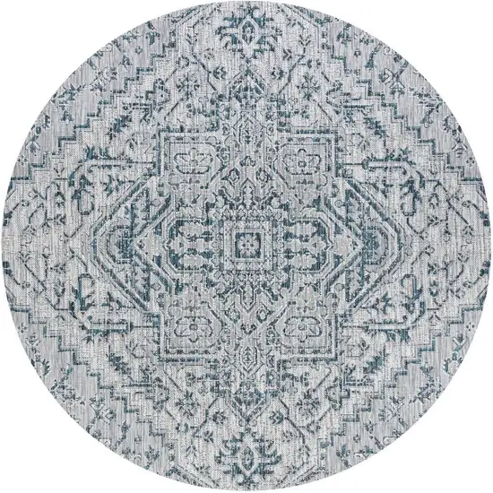9' Teal Blue And Gray Round Medallion Indoor Outdoor Area Rug Photo 3