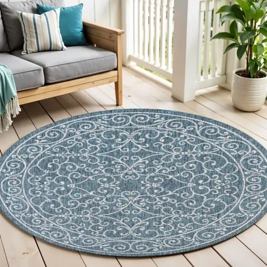 6' Teal Blue And Gray Round Medallion Indoor Outdoor Area Rug Photo 1