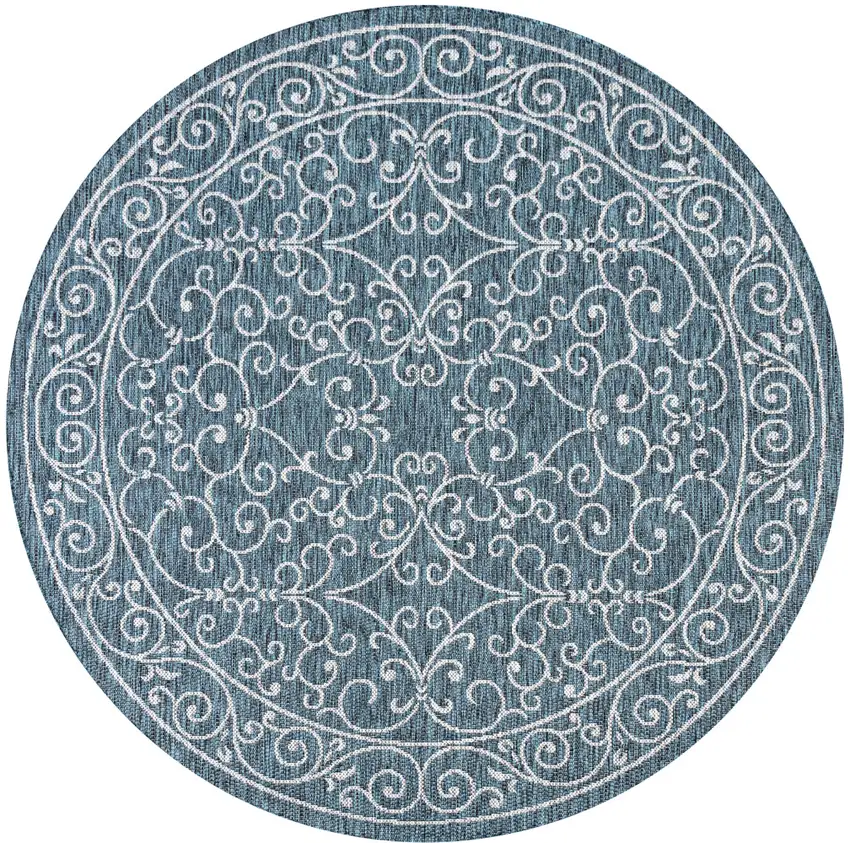6' Teal Blue And Gray Round Medallion Indoor Outdoor Area Rug Photo 1