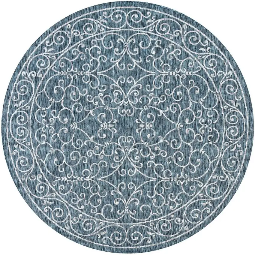 6' Teal Blue And Gray Round Medallion Indoor Outdoor Area Rug Photo 2