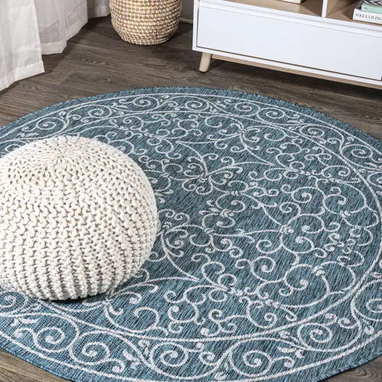 6' Teal Blue And Gray Round Medallion Indoor Outdoor Area Rug Photo 4