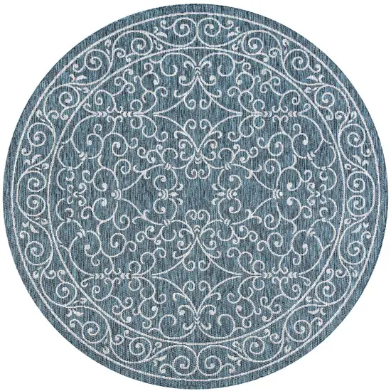 6' Teal Blue And Gray Round Medallion Indoor Outdoor Area Rug Photo 3