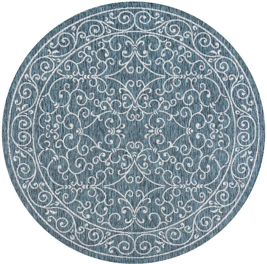6' Teal Blue And Gray Round Medallion Indoor Outdoor Area Rug Photo 3