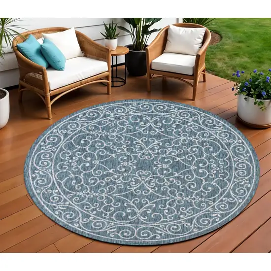 8' Teal Blue And Gray Round Medallion Indoor Outdoor Area Rug Photo 1