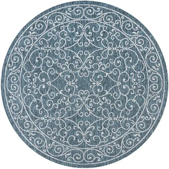 8' Teal Blue And Gray Round Medallion Indoor Outdoor Area Rug Photo 3