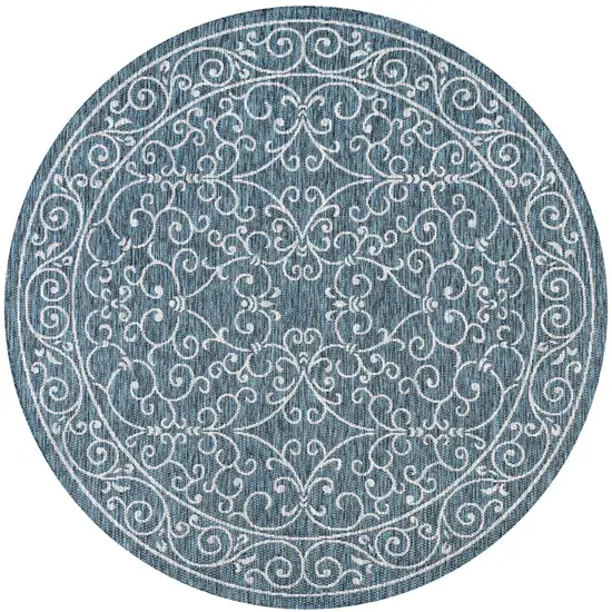 8' Teal Blue And Gray Round Medallion Indoor Outdoor Area Rug Photo 1