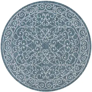 Photo of 9' Teal Blue And Gray Round Medallion Indoor Outdoor Area Rug
