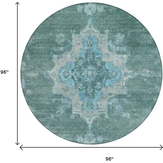 8' Teal Blue And Gray Round Medallion Washable Indoor Outdoor Area Rug Photo 3