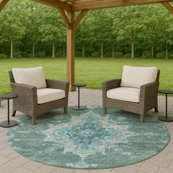 8' Teal Blue And Gray Round Medallion Washable Indoor Outdoor Area Rug Photo 8