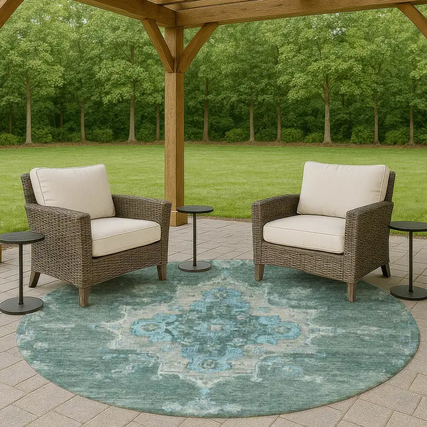 8' Teal Blue And Gray Round Medallion Washable Indoor Outdoor Area Rug Photo 8