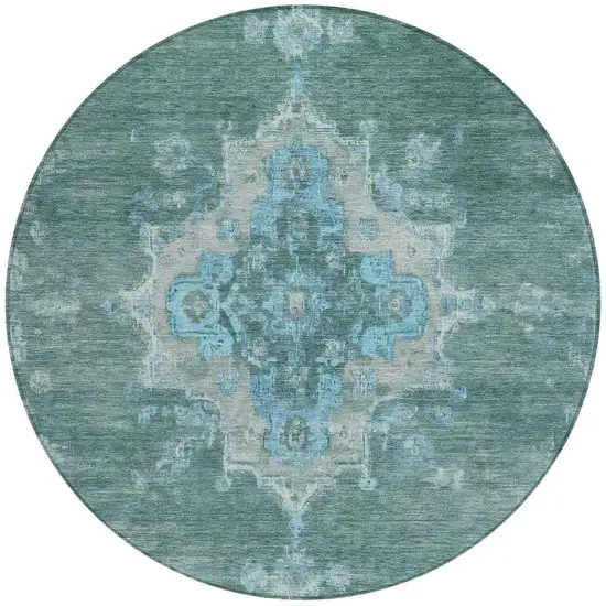 8' Teal Blue And Gray Round Medallion Washable Indoor Outdoor Area Rug Photo 4