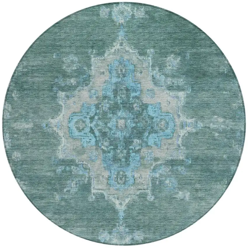 8' Teal Blue And Gray Round Medallion Washable Indoor Outdoor Area Rug Photo 4