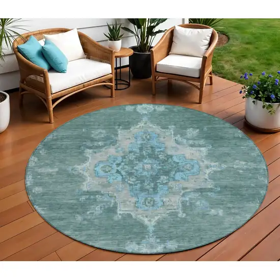 8' Teal Blue And Gray Round Medallion Washable Indoor Outdoor Area Rug Photo 1
