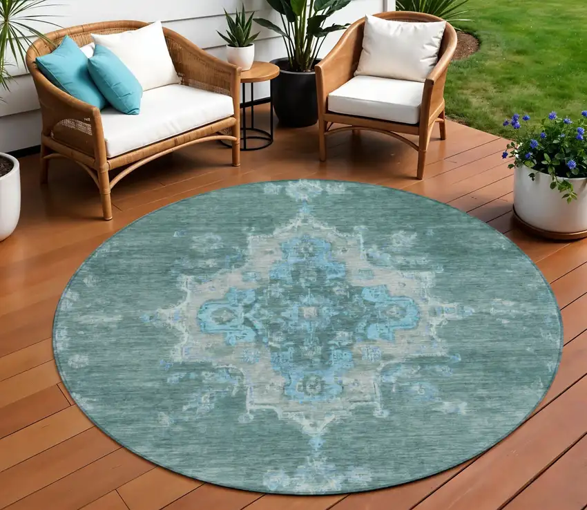 8' Teal Blue And Gray Round Medallion Washable Indoor Outdoor Area Rug Photo 1