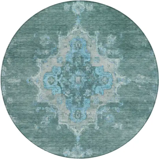 8' Teal Blue And Gray Round Medallion Washable Indoor Outdoor Area Rug Photo 2