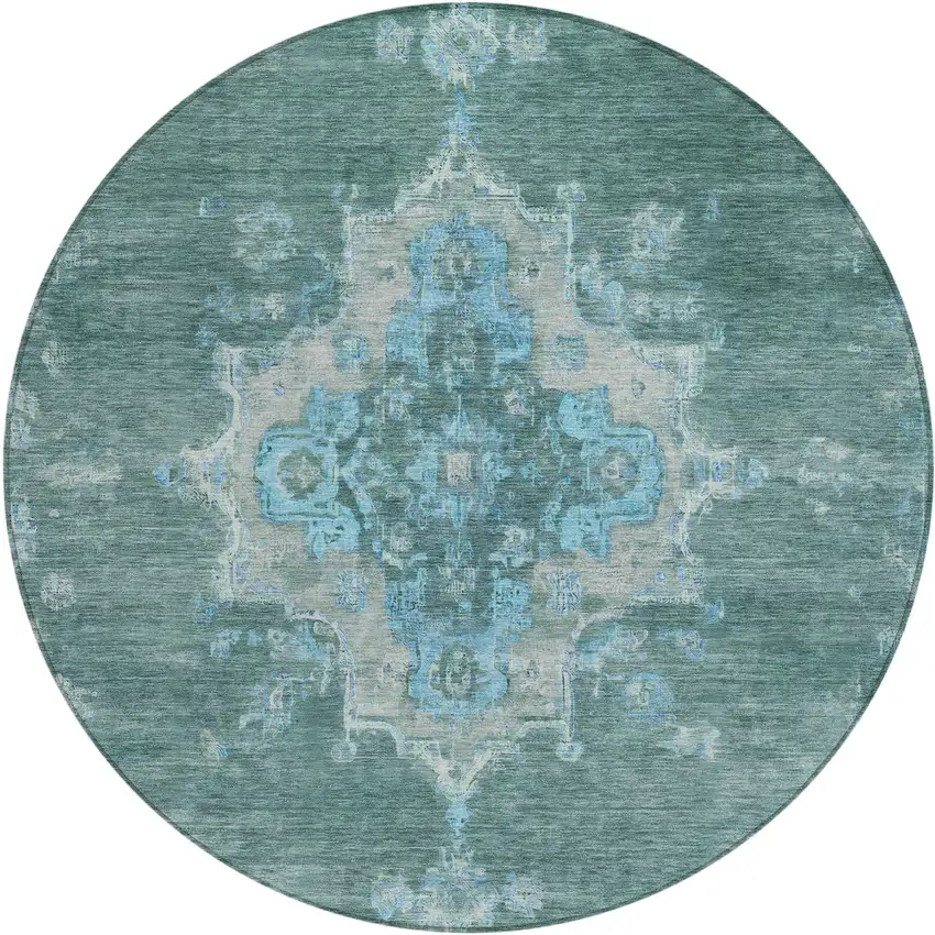 8' Teal Blue And Gray Round Medallion Washable Indoor Outdoor Area Rug Photo 2