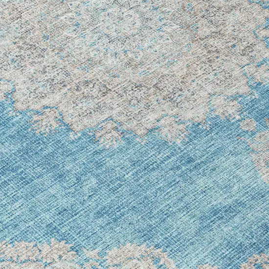 8' Teal Blue And Gray Round Oriental Washable Indoor Outdoor Area Rug Photo 9