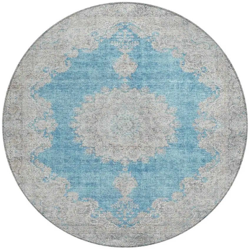 8' Teal Blue And Gray Round Oriental Washable Indoor Outdoor Area Rug Photo 6