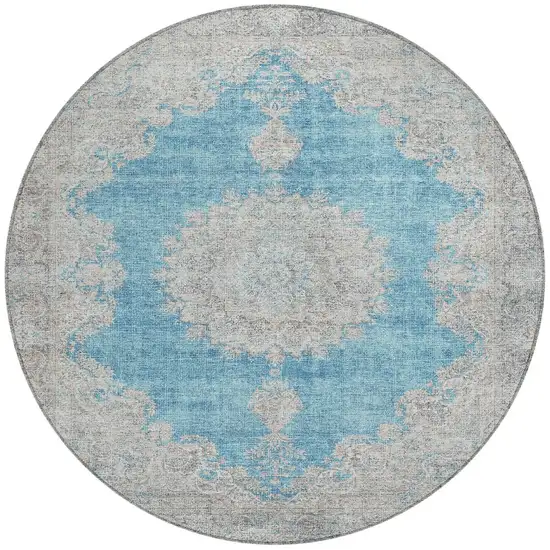 8' Teal Blue And Gray Round Oriental Washable Indoor Outdoor Area Rug Photo 6