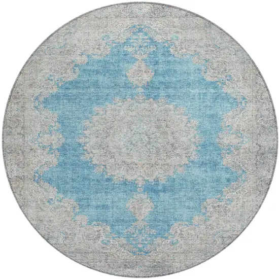 8' Teal Blue And Gray Round Oriental Washable Indoor Outdoor Area Rug Photo 2