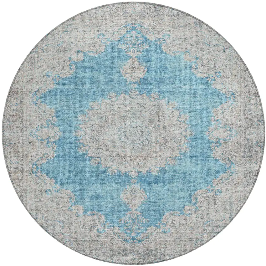 8' Teal Blue And Gray Round Oriental Washable Indoor Outdoor Area Rug Photo 2