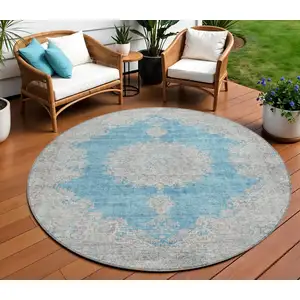 Photo of 8' Teal Blue And Gray Round Oriental Washable Indoor Outdoor Area Rug
