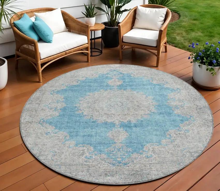 8' Teal Blue And Gray Round Oriental Washable Indoor Outdoor Area Rug Photo 1