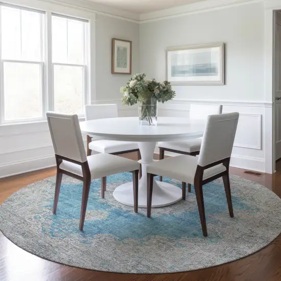8' Teal Blue And Gray Round Oriental Washable Indoor Outdoor Area Rug Photo 8
