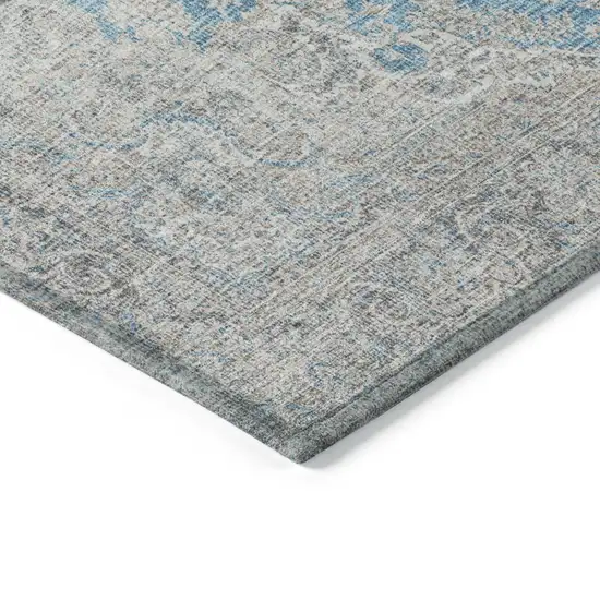 8' Teal Blue And Gray Round Oriental Washable Indoor Outdoor Area Rug Photo 4