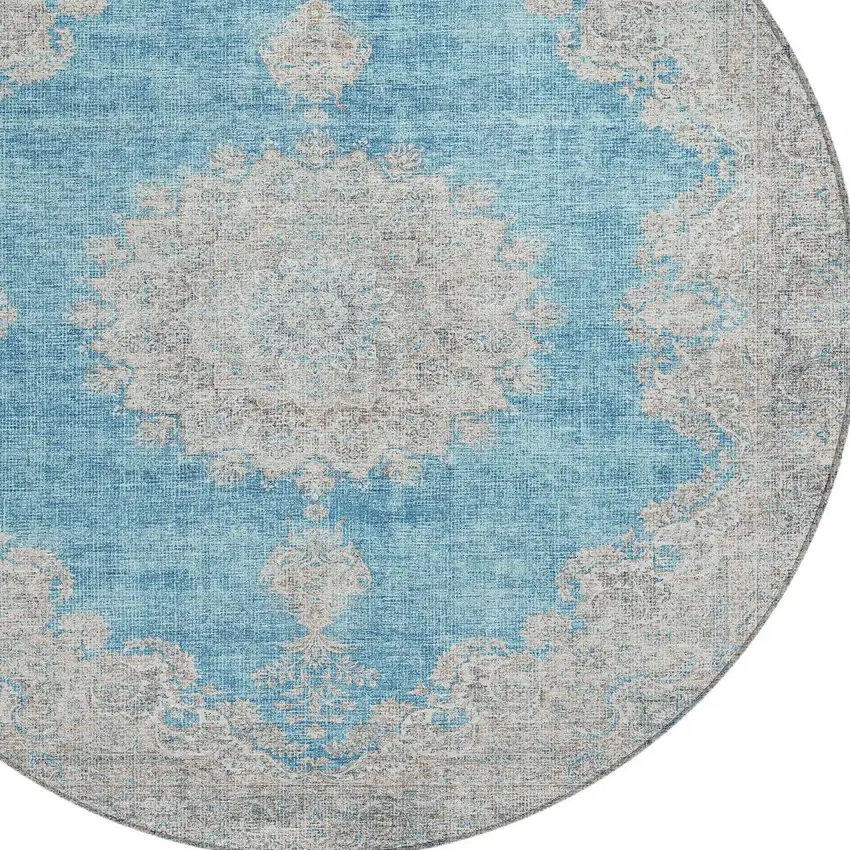 8' Teal Blue And Gray Round Oriental Washable Indoor Outdoor Area Rug Photo 5